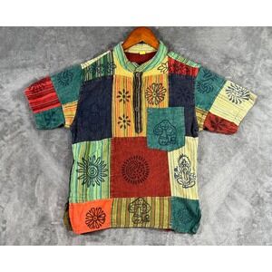 Nepalese Patchwork Shirt Mens Medium Multicolor Hippie Boho Grandpa Y2K Cotton